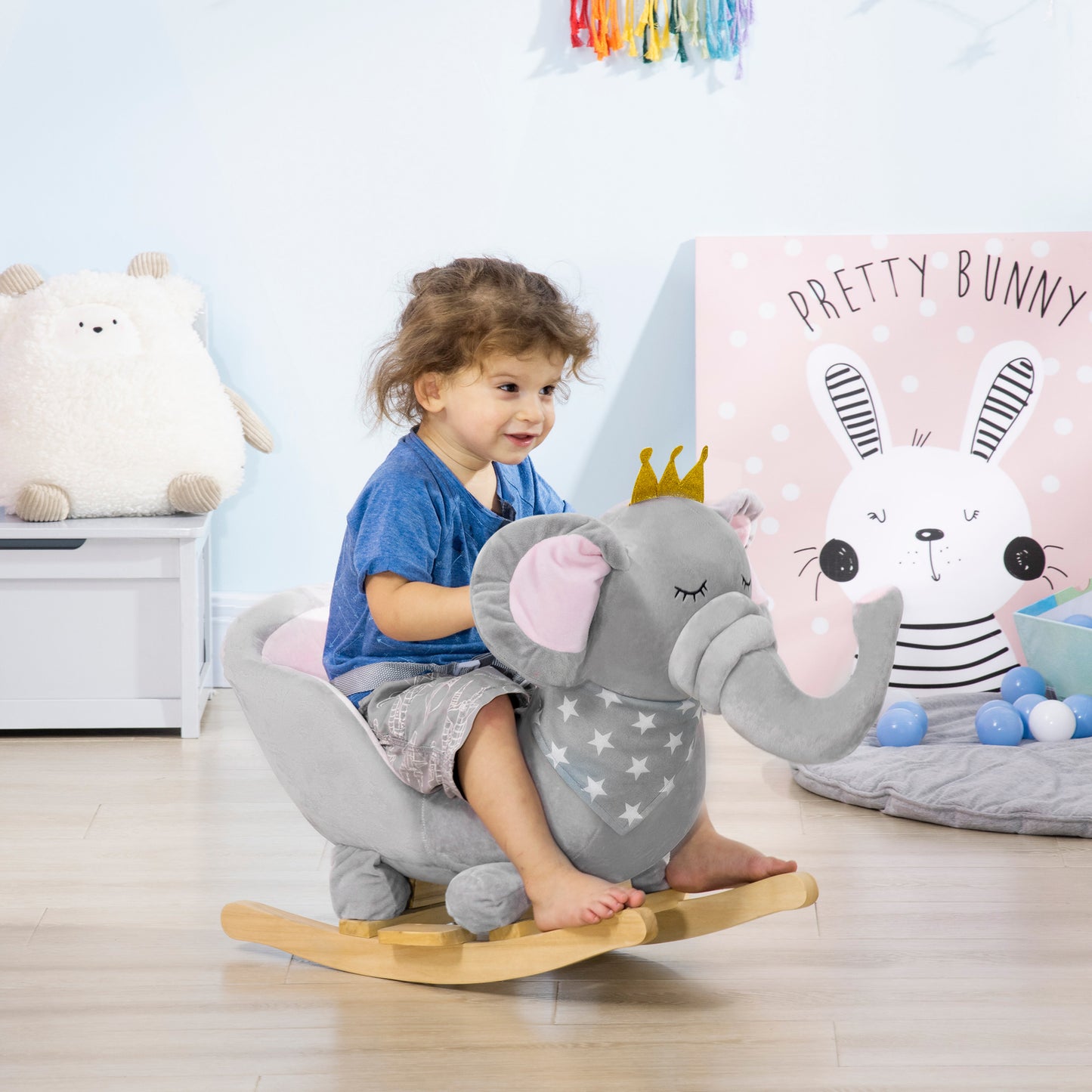 HOMCOM Kids Elephant-Designed Rocking Horse, with Safety Belt, Wooden Base, for Ages 18-36 Months - Grey