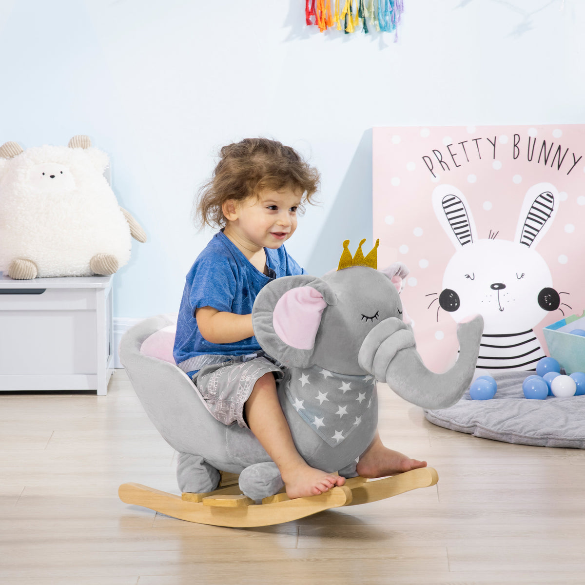 HOMCOM Kids Elephant-Designed Rocking Horse, with Safety Belt, Wooden Base, for Ages 18-36 Months - Grey