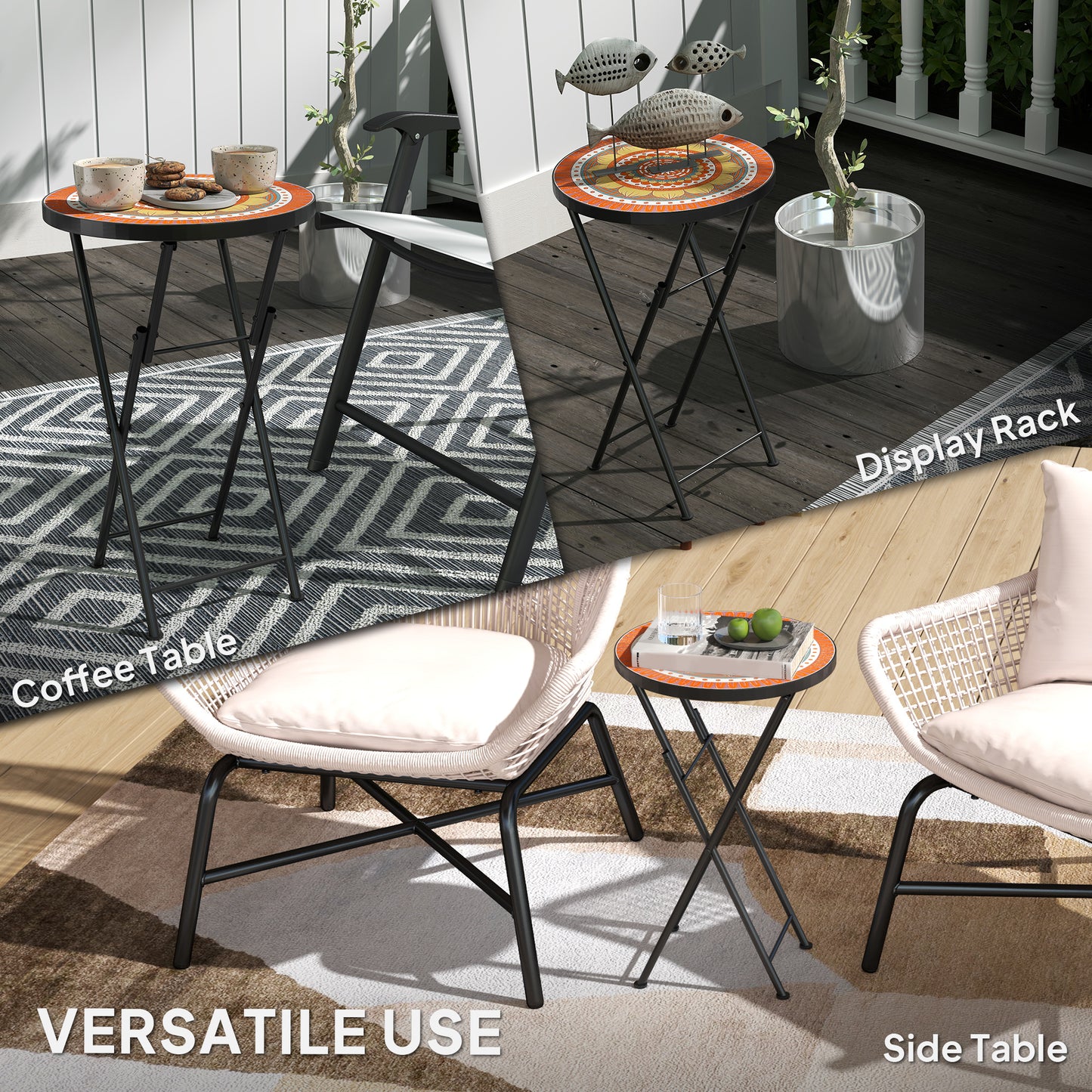 Outsunny Mosaic Outdoor Garden Table, 35.5cm Round Folding Coffee Table with Metal Frame for Balcony Terrace, Orange