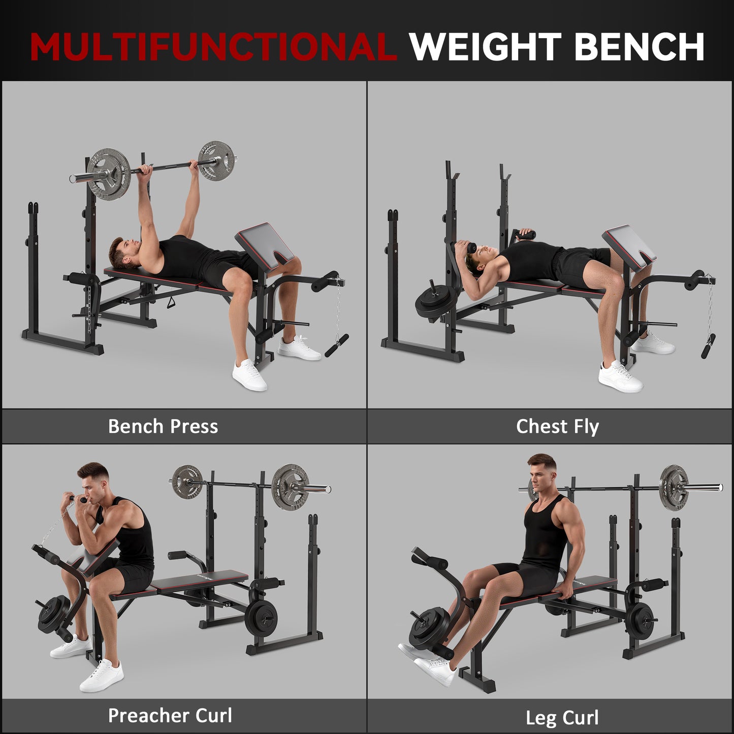 SPORTNOW Weight Bench with Two Barbell Racks, Leg Curl Machine, Preacher Curl Bench, Black
