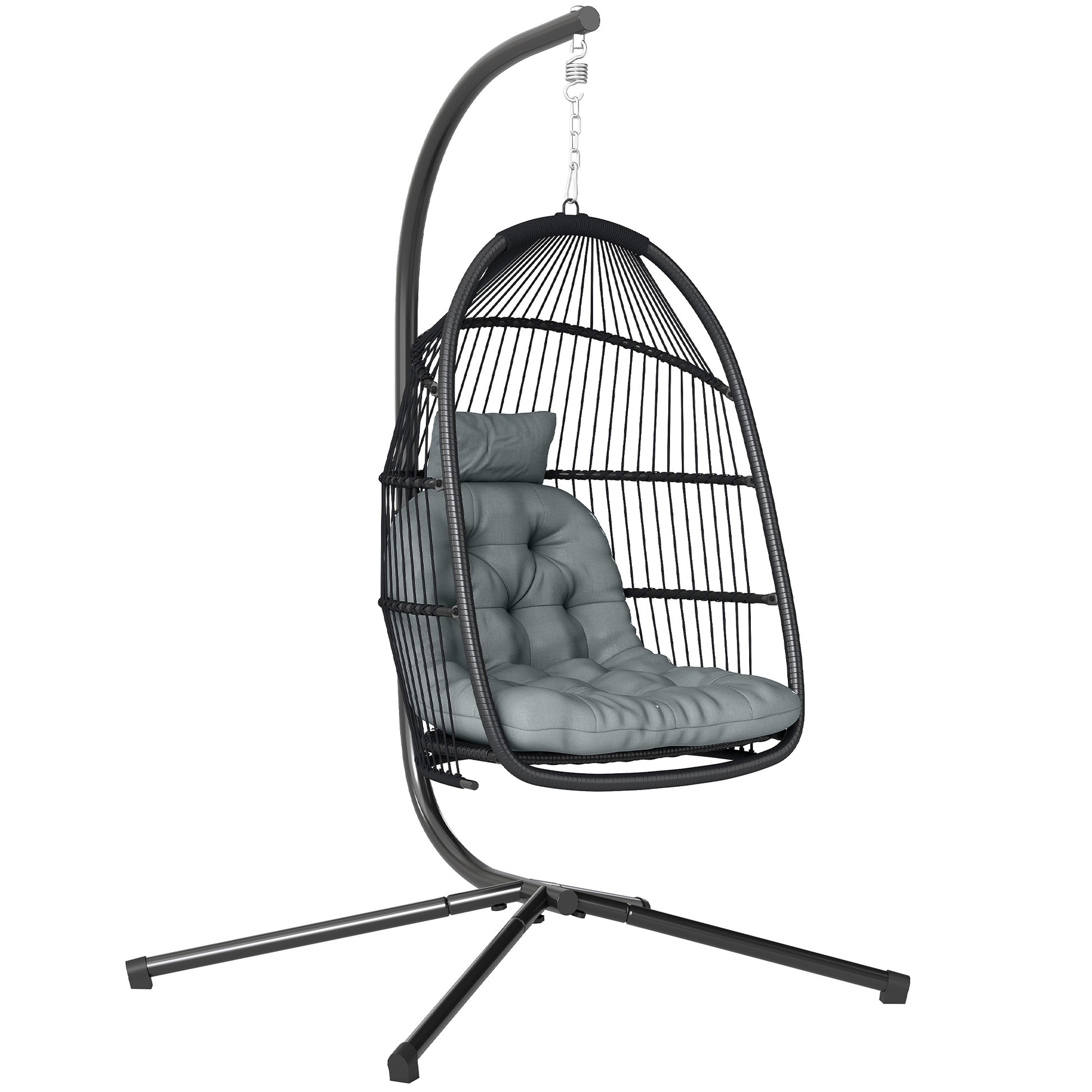 Photo of Outsunny Rattan Hanging Egg Chair with Stand, Foldable Wicker Swing Egg Chair with Cushion, Head Pillow, Steel Frame, Hammock Chair for Indoor Outdoor, Capacity 150 kg, Dark Grey in Grey colour on a white background