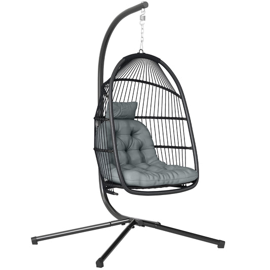 Photo of Outsunny Rattan Hanging Egg Chair with Stand, Foldable Wicker Swing Egg Chair with Cushion, Head Pillow, Steel Frame, Hammock Chair for Indoor Outdoor, Capacity 150 kg, Dark Grey in Grey colour on a white background