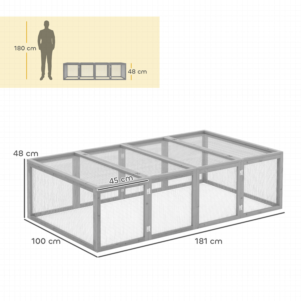 PawHut 6ft Outdoor Rabbit Hutch for 2-4 Rabbits, Fir Wood Run with Wire Mesh & Openable Roof, 181 x 100 x 48 cm, Grey