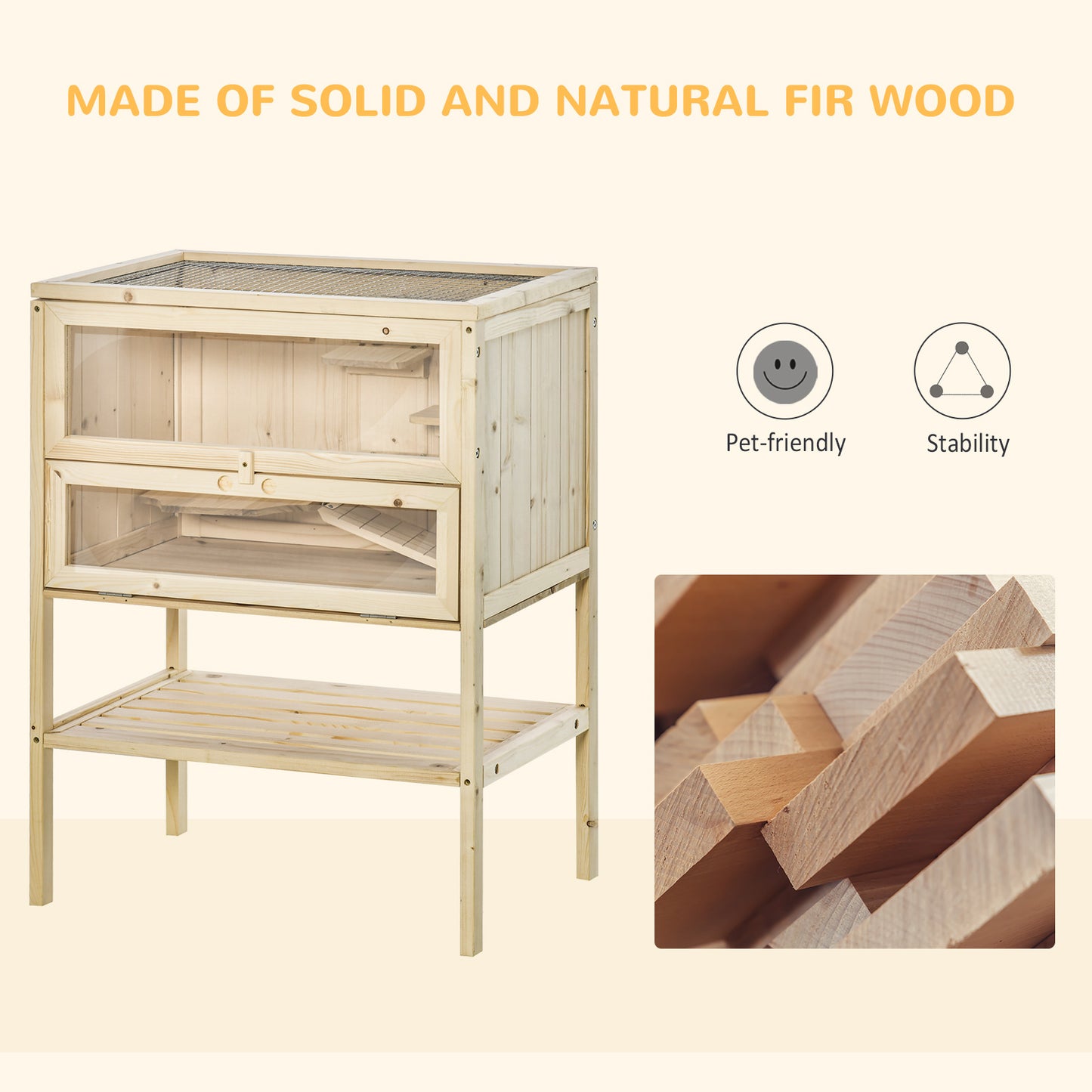 PawHut Wooden Hamster Cage with Storage Shelf, Small Animal Exercise Play House with Openable Top, Ramp for Gerbils, Drawf Hamsters, 60 x 40 x 80 cm - Natural