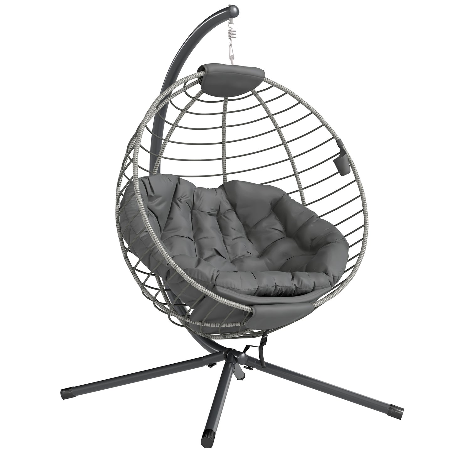 Photo of Outsunny PE Rattan Swing Chair, Outdoor Hanging Chair with Metal Stand, Thick Padded Cushion, Foldable Basket and Cup Holder, for Indoor and Outdoor, Grey in Grey colour on a white background