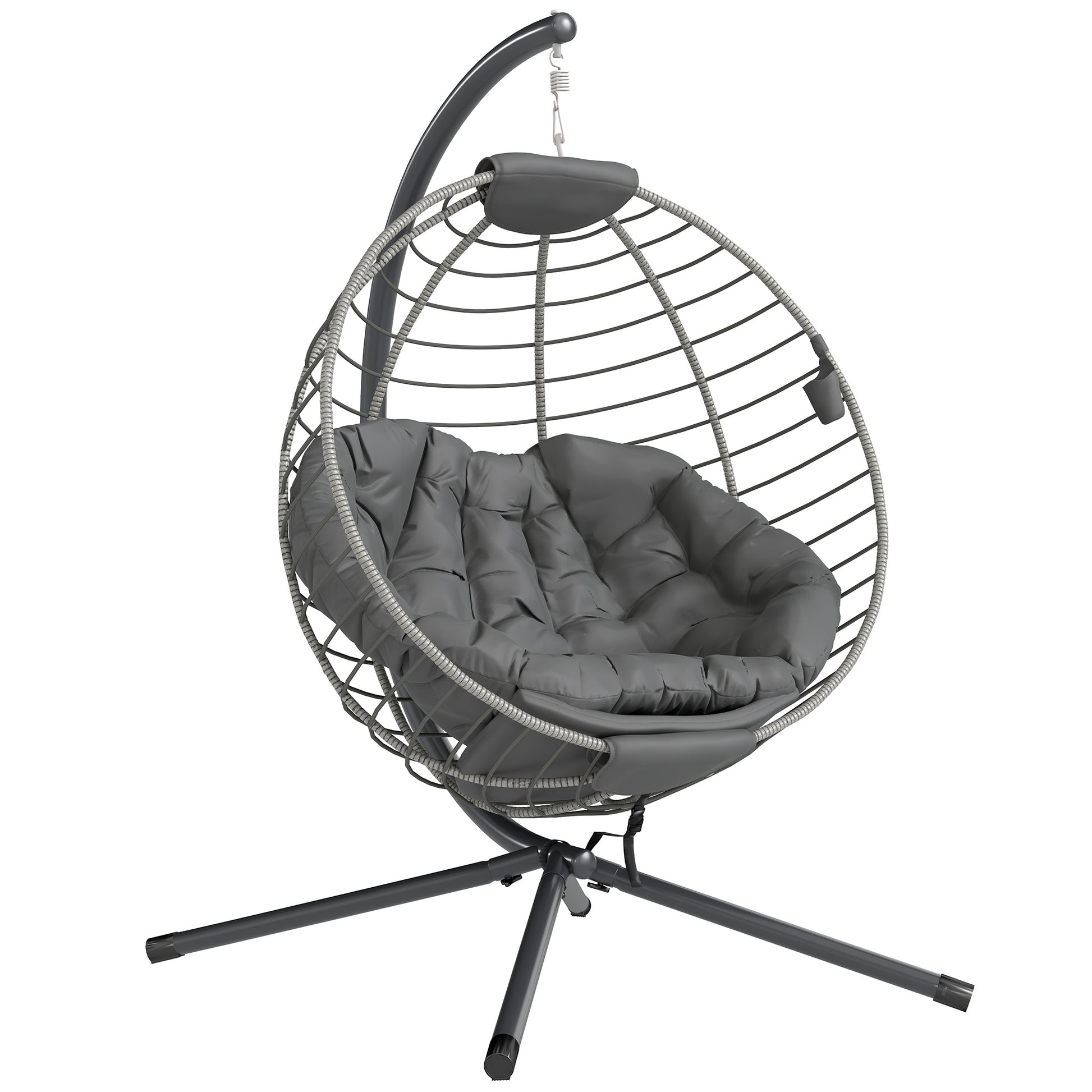 Photo of Outsunny PE Rattan Swing Chair, Outdoor Hanging Chair with Metal Stand, Thick Padded Cushion, Foldable Basket and Cup Holder, for Indoor and Outdoor, Grey in Grey colour on a white background