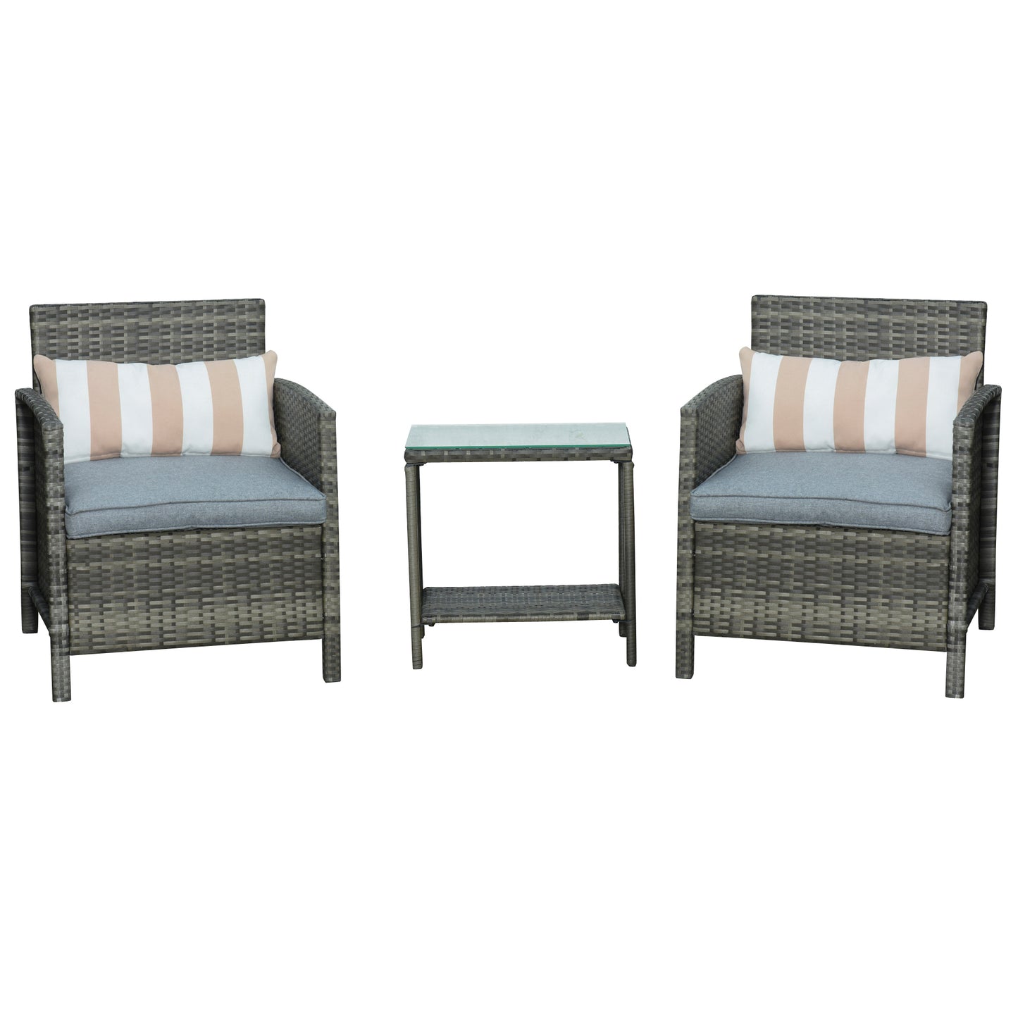 Photo of Outsunny 3 Pieces Rattan Bistro Set, Wicker Garden Furniture Set, Glass Top 2-tier Coffee Table and Chairs Set with Pillows and Washable Cushions for Outdoor, Patio, Balcony, Grey in Grey colour on a white background