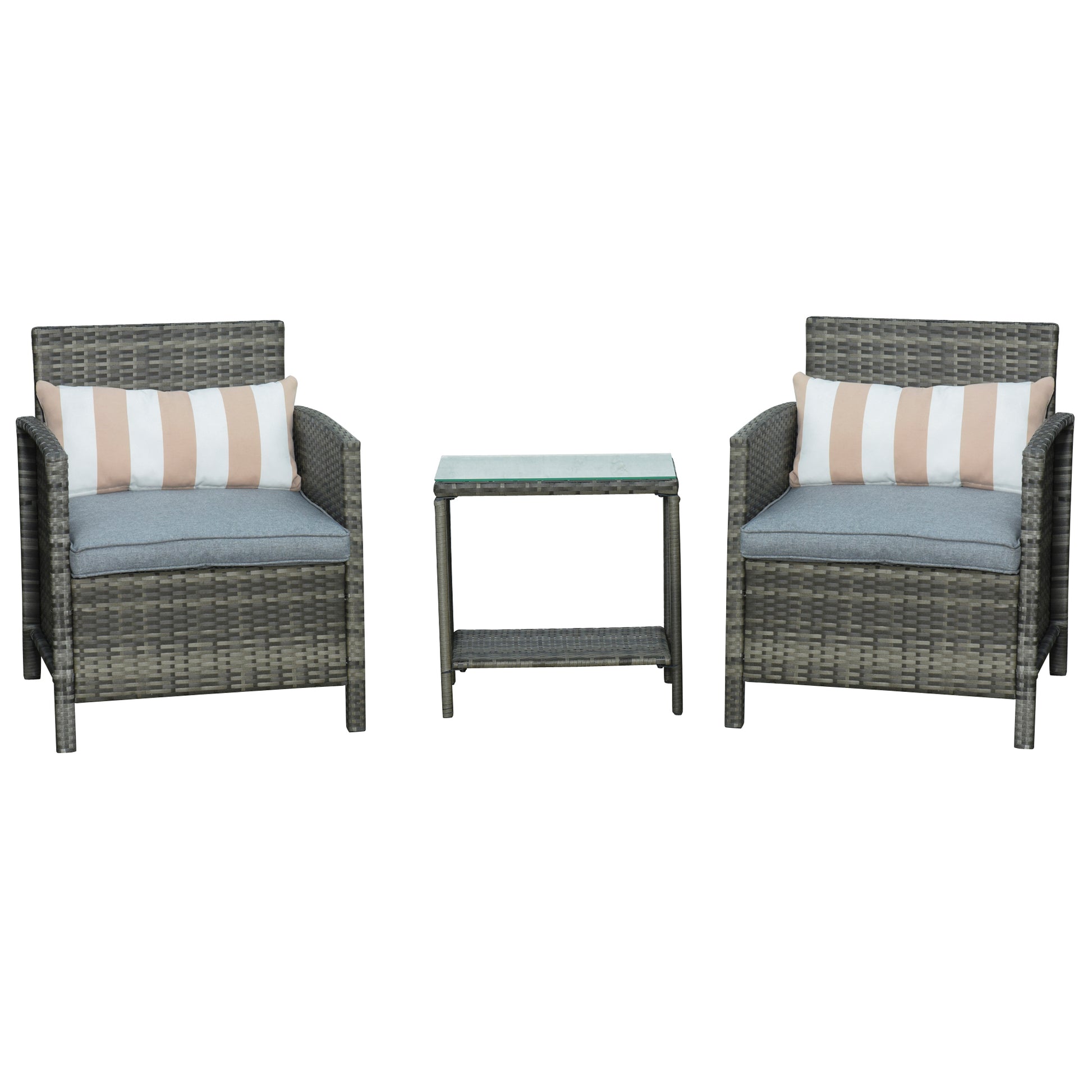 Photo of Outsunny 3 Pieces Rattan Bistro Set, Wicker Garden Furniture Set, Glass Top 2-tier Coffee Table and Chairs Set with Pillows and Washable Cushions for Outdoor, Patio, Balcony, Grey in Grey colour on a white background
