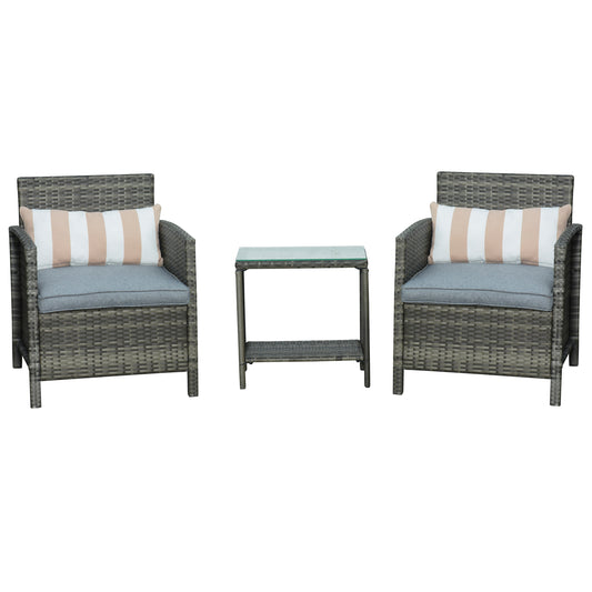 Photo of Outsunny 3 Pieces Rattan Bistro Set, Wicker Garden Furniture Set, Glass Top 2-tier Coffee Table and Chairs Set with Pillows and Washable Cushions for Outdoor, Patio, Balcony, Grey in Grey colour on a white background