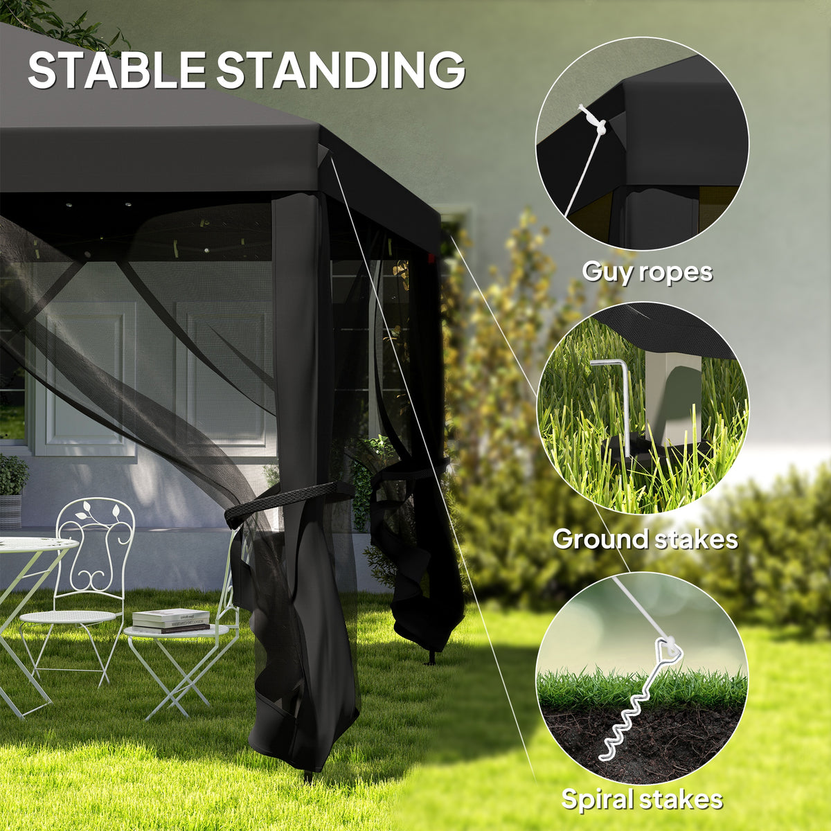 Outsunny gazebo mesh sidewall secured with tiebacks, guy ropes and ground stakes