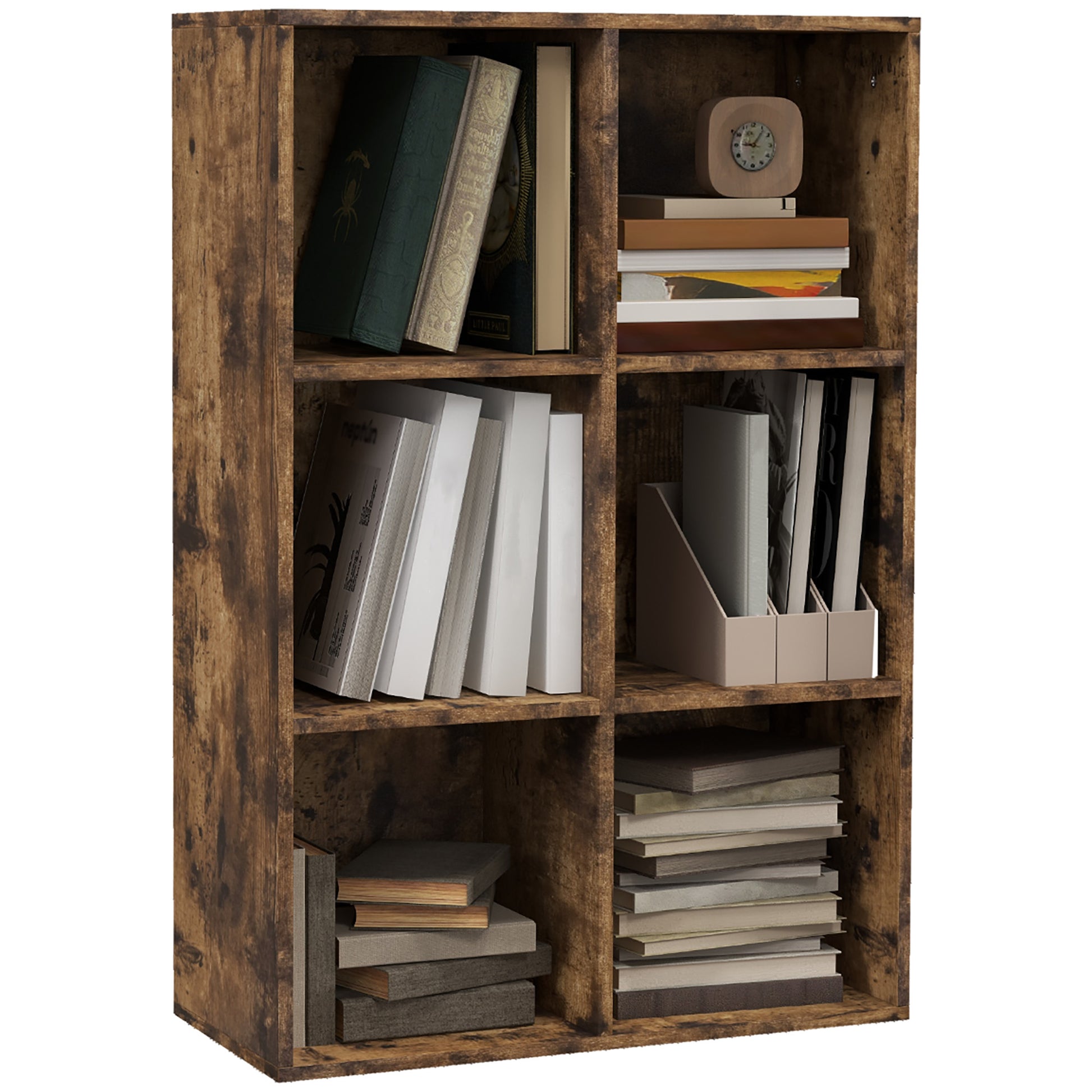 Photo of HOMCOM Six-Cube Bookcase - Rustic Brown Wood Effect in Effect colour on a white background