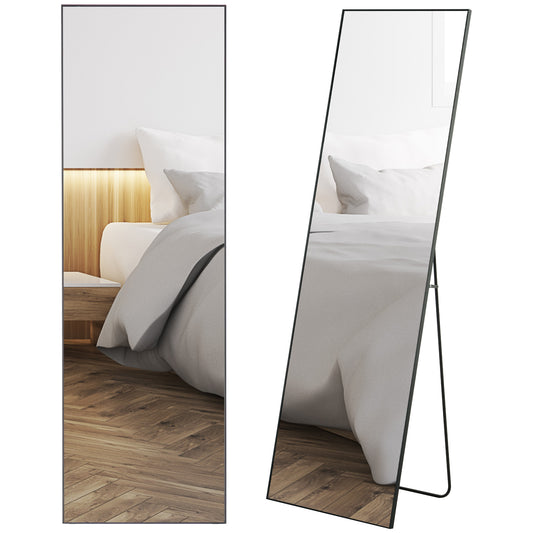HOMCOM full-length mirror with black frame, shown upright and reflecting a bedroom