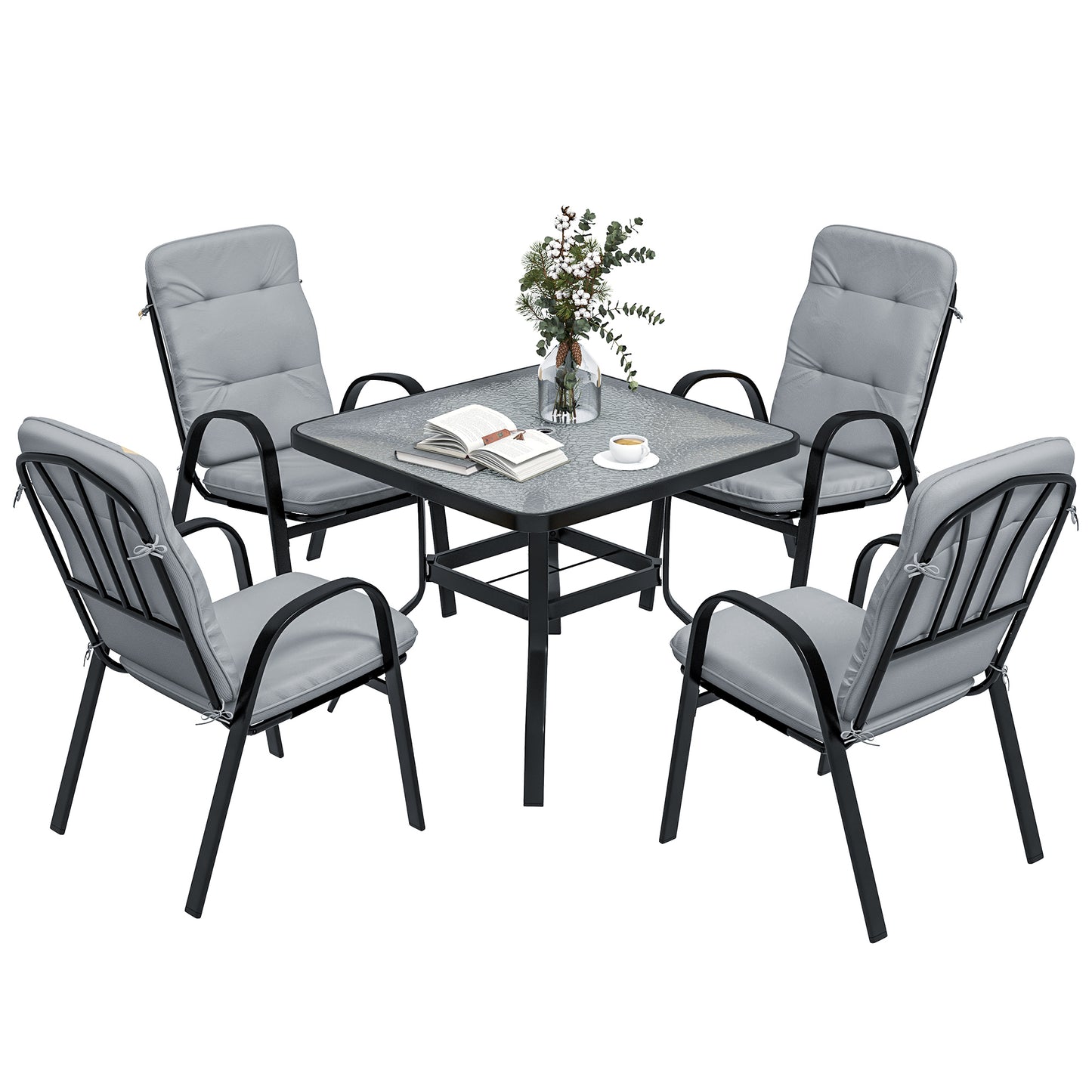 Photo of Outsunny 5 Pieces Outdoor Square Garden Dining Set w/ Tempered Glass Dining Table 4 Cushioned Armchairs, Umbrella Hole, Grey in Grey colour on a white background