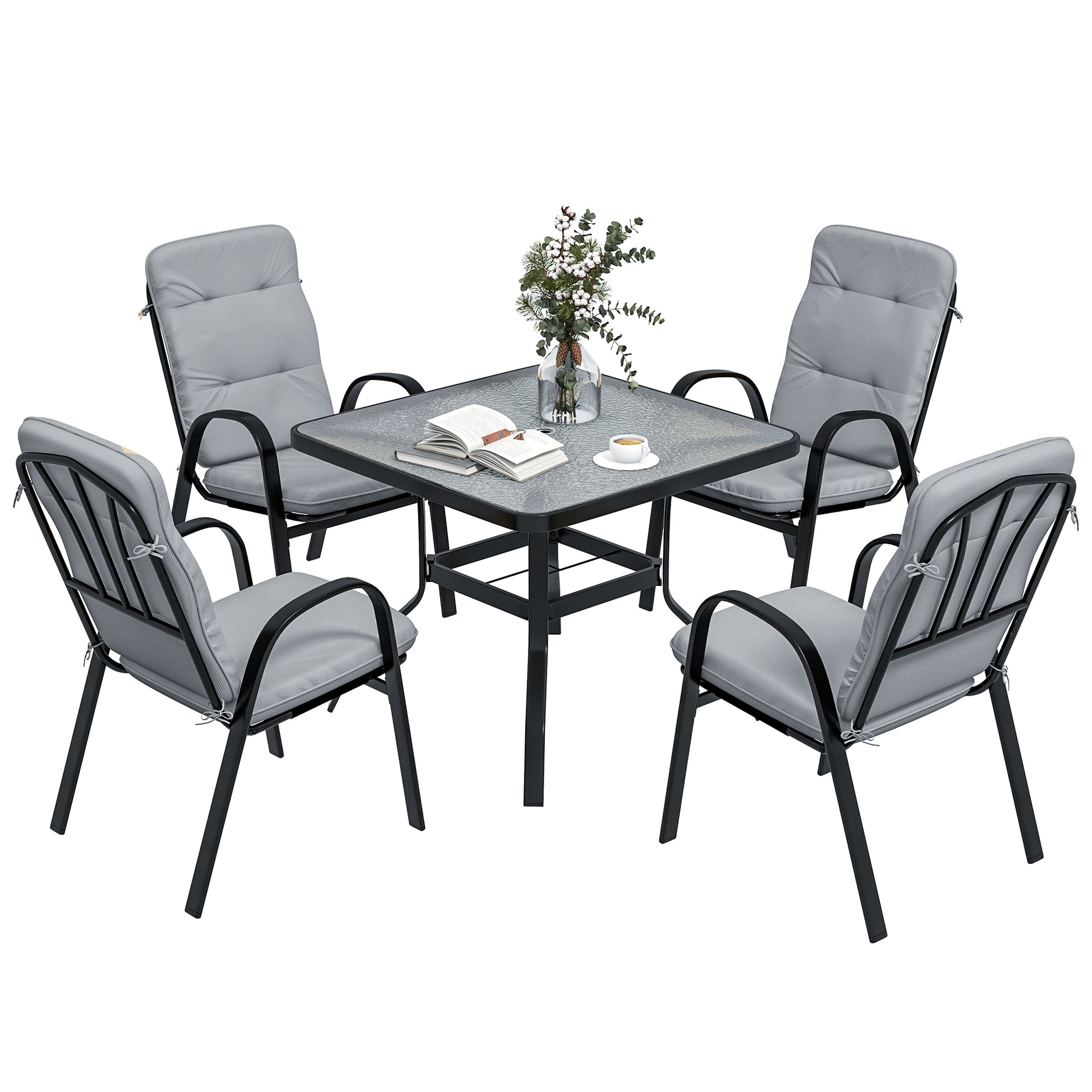 Photo of Outsunny 5 Pieces Outdoor Square Garden Dining Set w/ Tempered Glass Dining Table 4 Cushioned Armchairs, Umbrella Hole, Grey in Grey colour on a white background