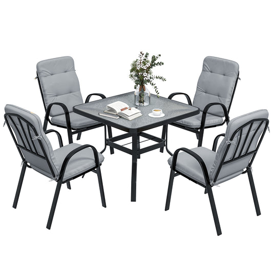 Photo of Outsunny 5 Pieces Outdoor Square Garden Dining Set w/ Tempered Glass Dining Table 4 Cushioned Armchairs, Umbrella Hole, Grey in Grey colour on a white background