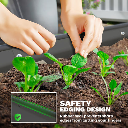 Dark grey steel planter with a rubber safety edge beside seedlings