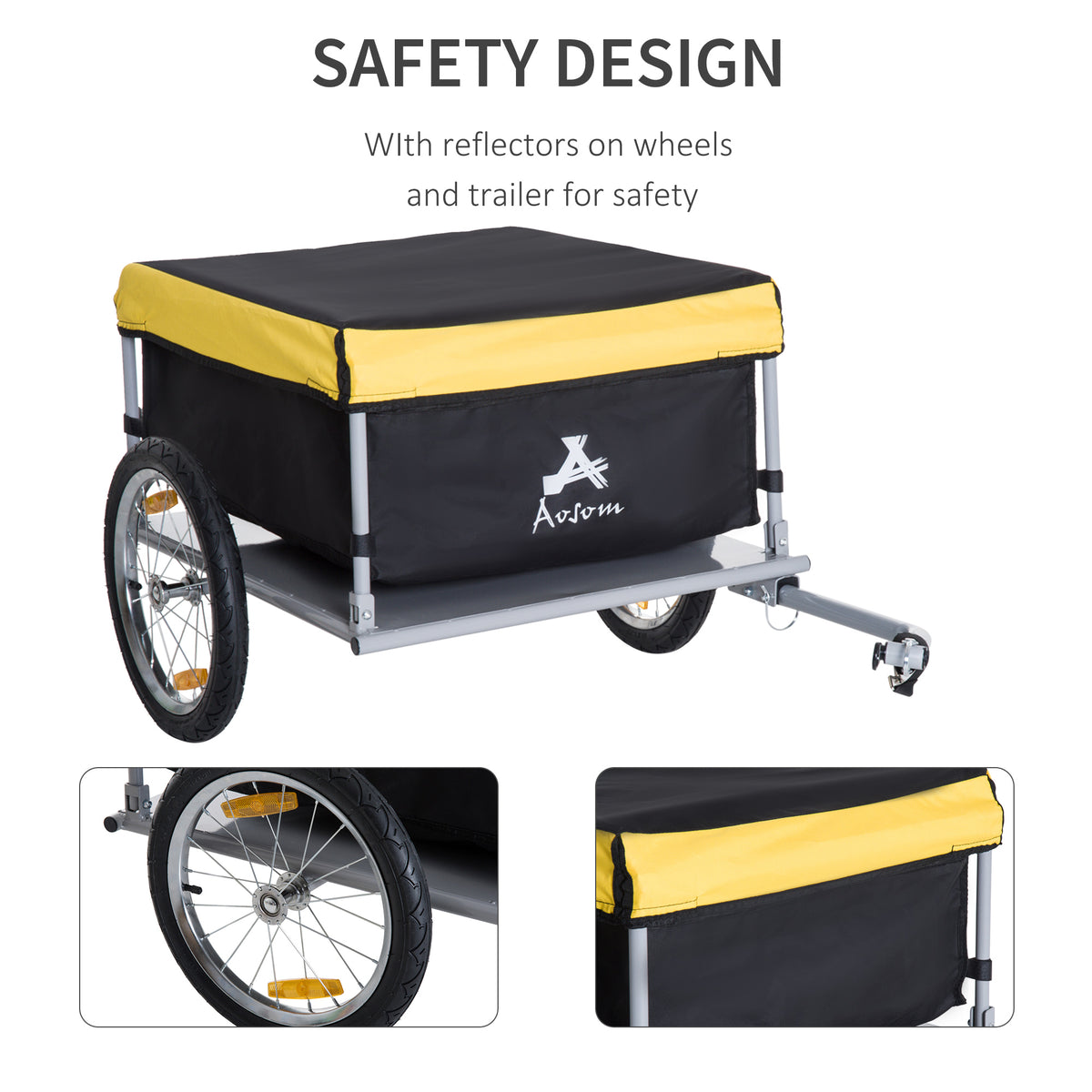 Black and yellow bicycle cargo trailer with wheel reflectors and hitch, plus close-ups of safety details