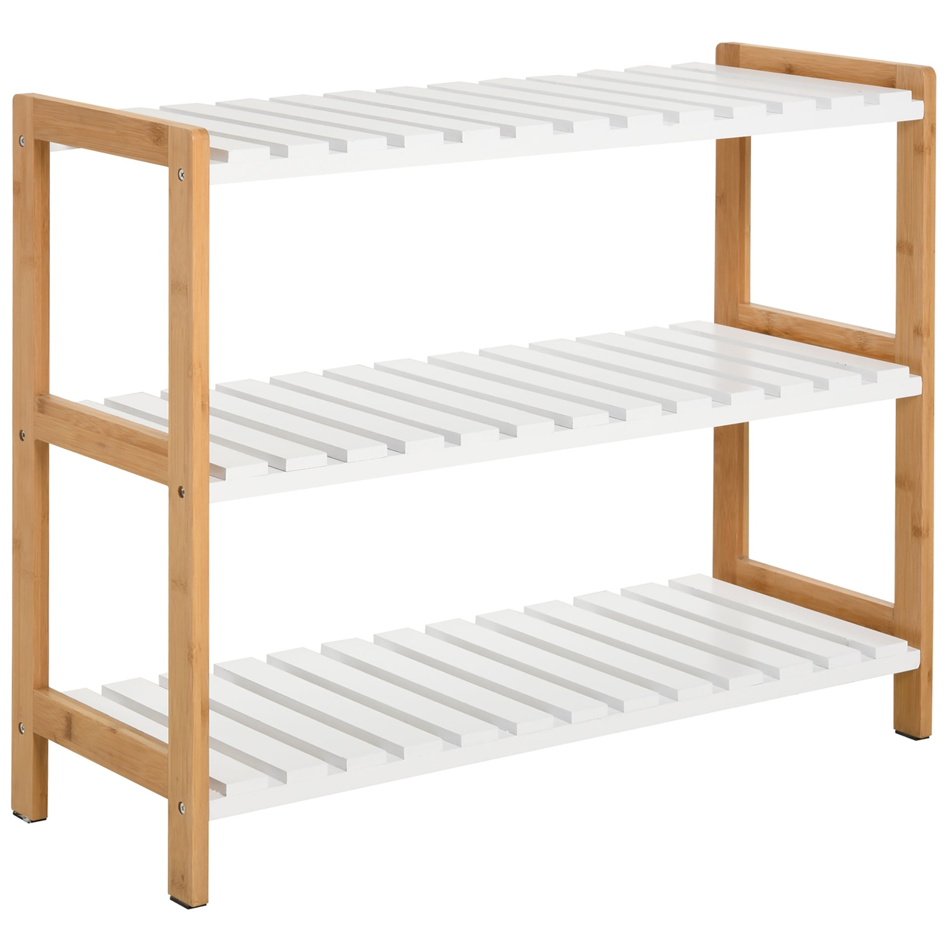 Photo of HOMCOM 3-Tier Shoe Rack Wood Frame Slatted Shelves Spacious Open Hygienic Storage Home Hallway Furniture Family Guests 70L x 26W x 57.5H cm - Natural in Natural colour on a white background