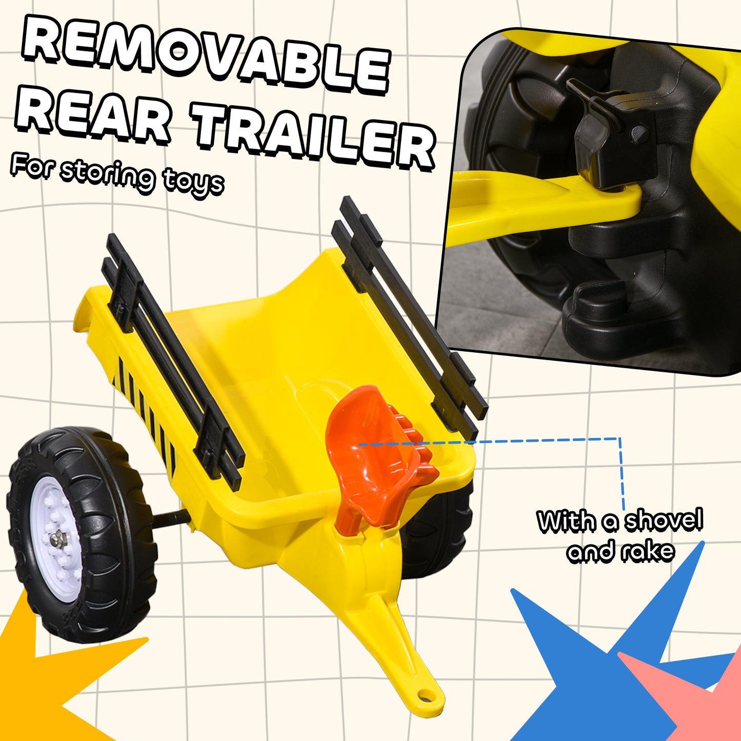 HOMCOM Kids Ride on Tractor with Back Trailer, Shovel & Rake, Horn, Four Wheels Tractor Toy for Child Toddler