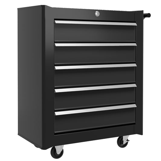 Photo of HOMCOM 5-Drawer Tool Chest with Wheels, Steel Lockable Tool Storage Cabinet with Handle, 2 Keys for Garage, Workshop, Black in Black colour on a white background
