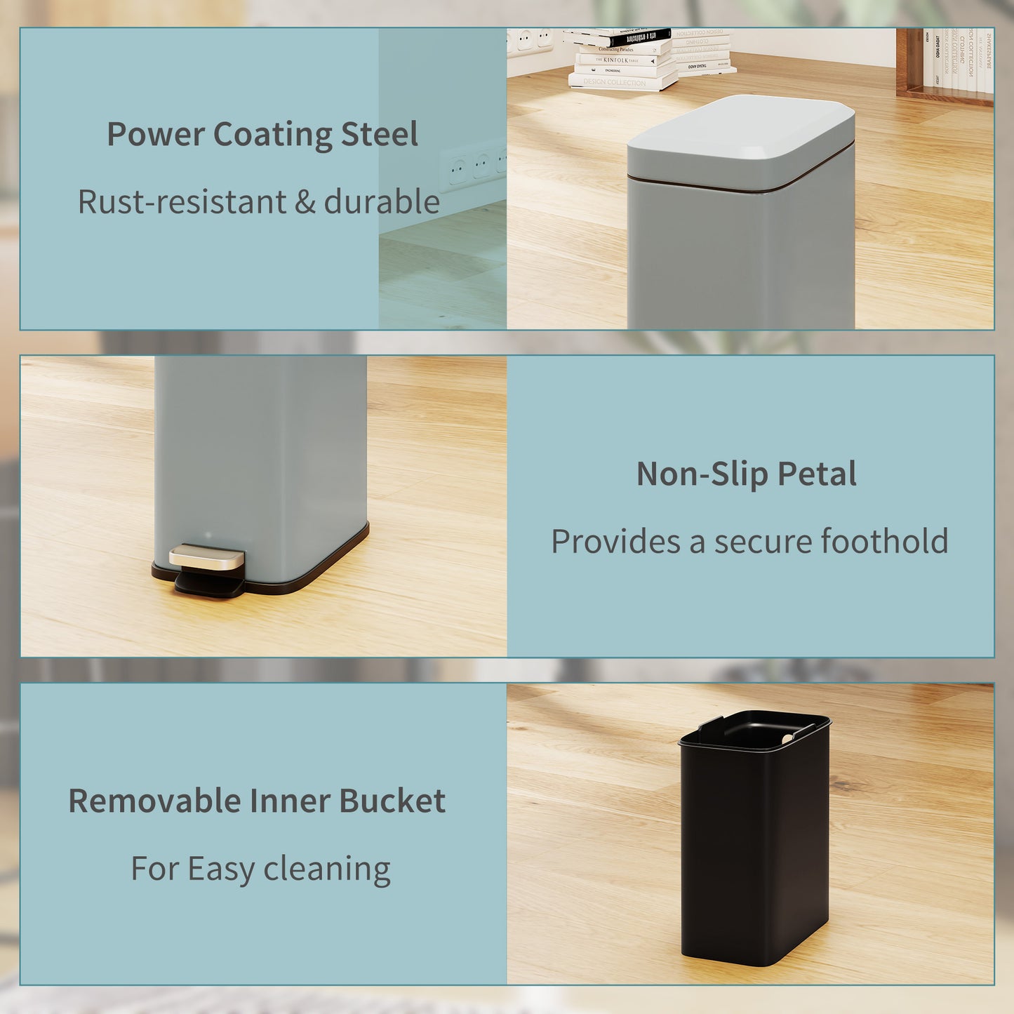 HOMCOM 5L Rectangular Compact Bin Steel Body Removable Bucket Quiet-Close Lid w/ Pedal Lid Rubbish Trash Can Home Office Bedroom Bathroom Living Room Garbage Tidy Clean Grey