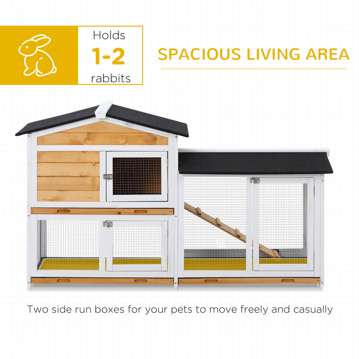 PawHut 2 Tier Rabbit Hutch with No-leak Plastic Trays Wooden Guinea Pig Hutch with Run, Yellow