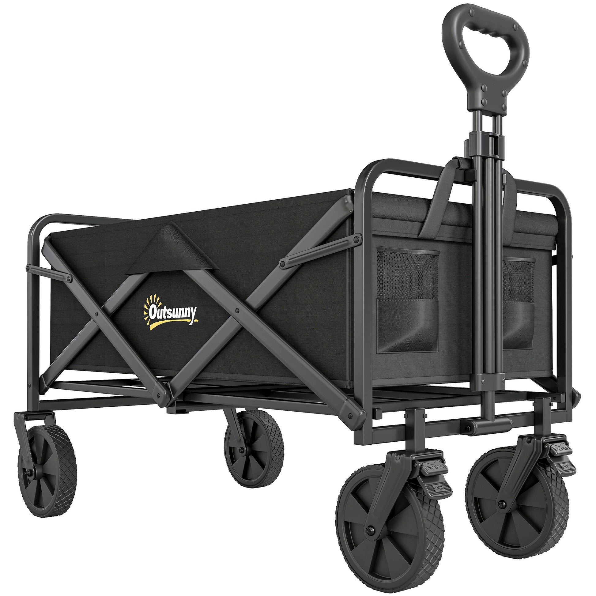 Photo of Outsunny Folding Steel Frame Garden Storage Cart, with Wheels and Handle - Black in Black colour on a white background