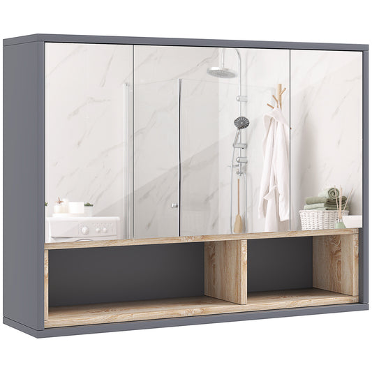 Photo of HOMCOM Bathroom Mirror Cabinet, Wall Mounted Bathroom Cabinet with Mirror, 3 Doors and Cupboards, Grey in Grey colour on a white background