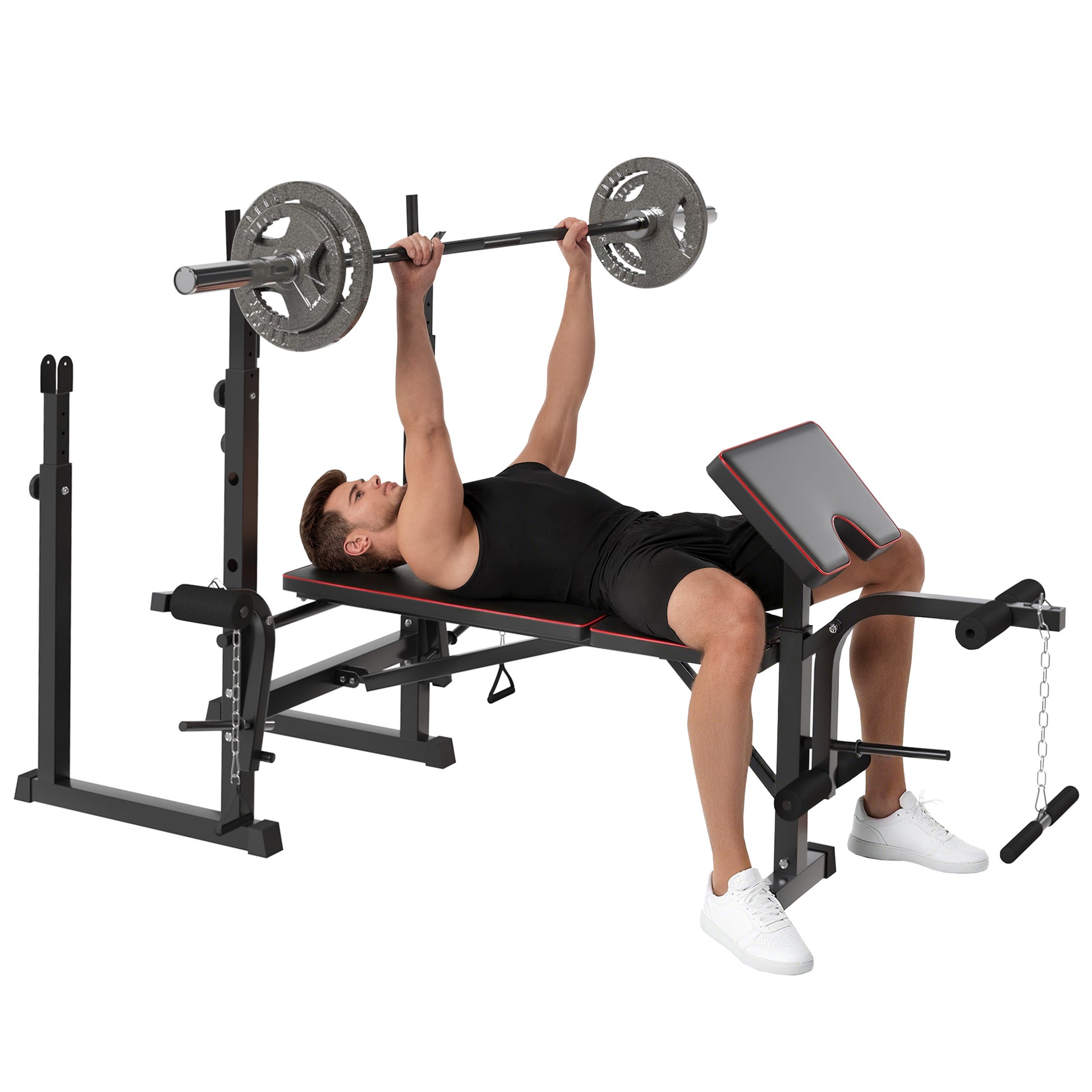 Photo of SPORTNOW Weight Bench with Two Barbell Racks, Leg Curl Machine, Preacher Curl Bench, Black in Black colour on a white background