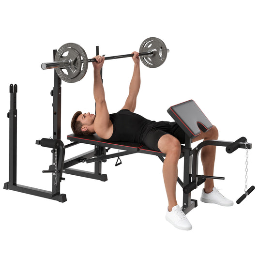 Photo of SPORTNOW Weight Bench with Two Barbell Racks, Leg Curl Machine, Preacher Curl Bench, Black in Black colour on a white background