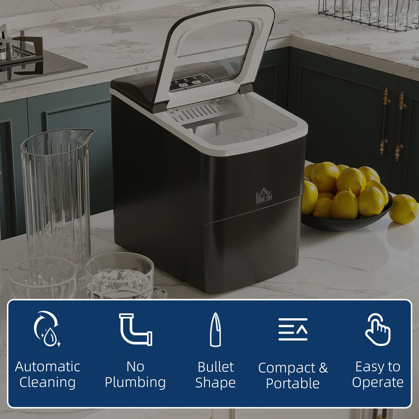 HOMCOM 12kg Countertop Ice Cube Machine, with Scoop - Black
