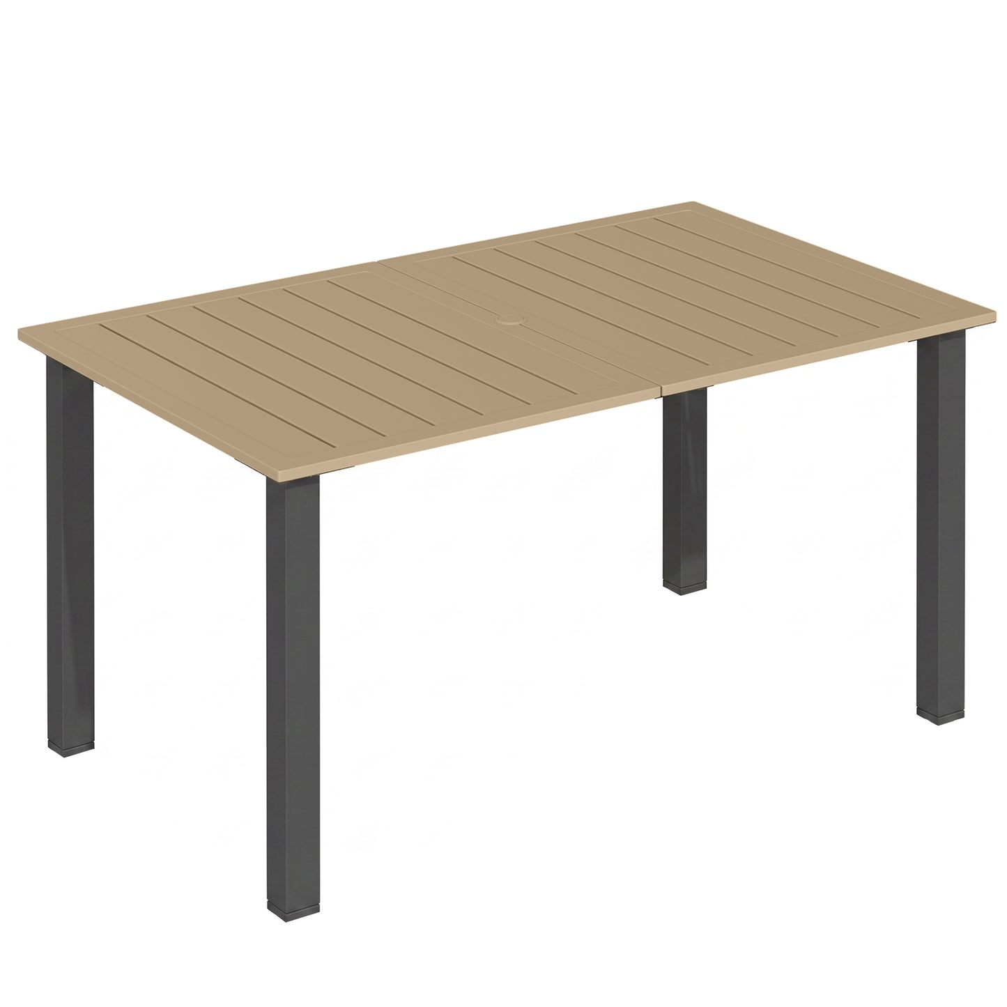 Photo of Outsunny Garden Dining Table for 6 with Parasol Hole, Rectangle Outdoor Garden Table with Slatted Metal Top, Steel Frame, Brown in Brown colour on a white background