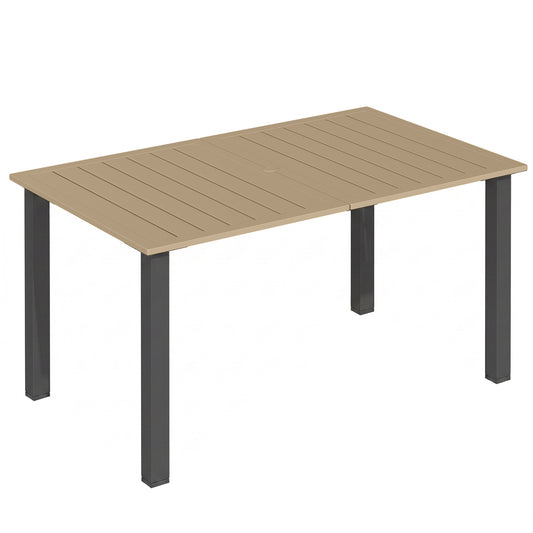 Photo of Outsunny Garden Dining Table for 6 with Parasol Hole, Rectangle Outdoor Garden Table with Slatted Metal Top, Steel Frame, Brown in Brown colour on a white background