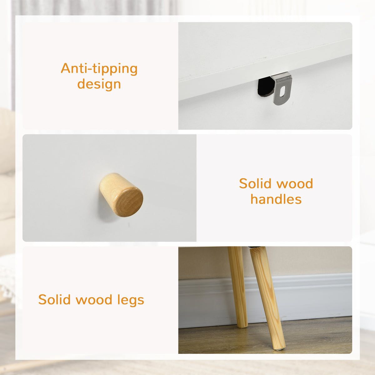 Chest details: anti-tip bracket, round wood knobs, and solid wood legs
