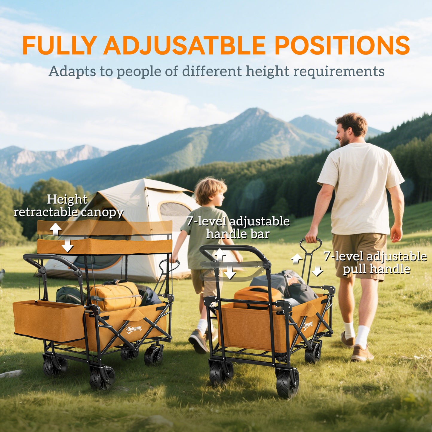 Outsunny 180L Festival Trolley on Wheels, Push & Pull Beach Cart with Removable Canopy, Wide All-Terrain Wheels, Folding Camping Trolley Cart, Adjustable Handle for Garden Fishing Shopping, Orange