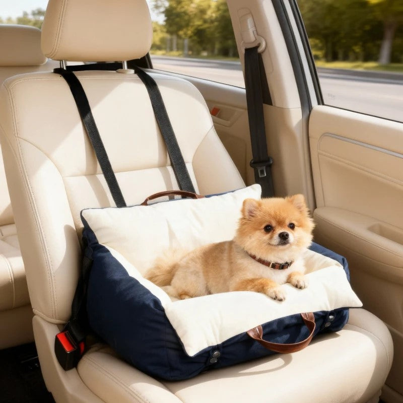 PawHut Dog Car Seat, Cosy Pet Car Booster Seat for Small Dog Under 5 KG, Portable Travel Bed with Safety Belts, Navy Blue