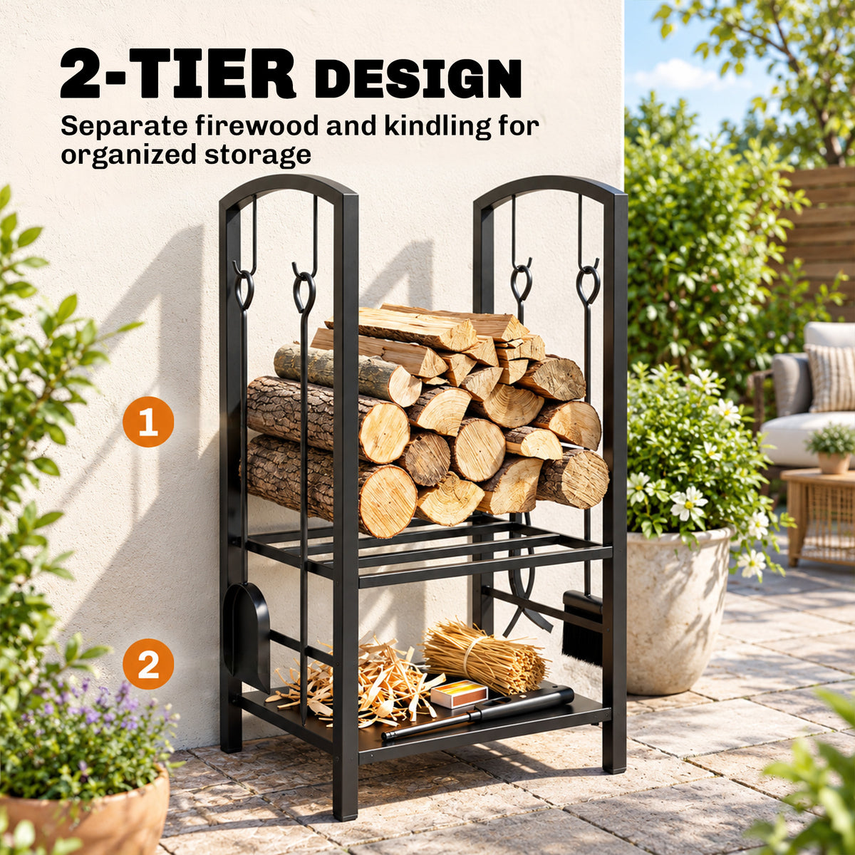 Two-tier black metal firewood rack with separate shelves for logs and kindling