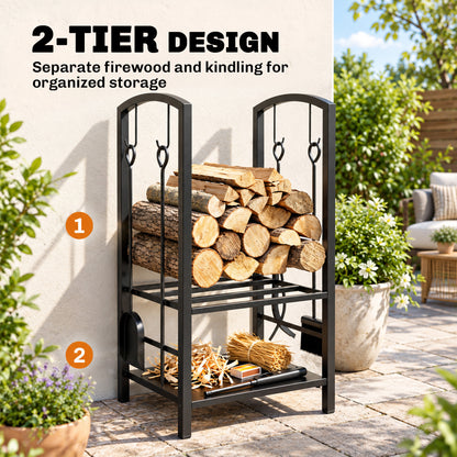 Two-tier black metal firewood rack with separate shelves for logs and kindling