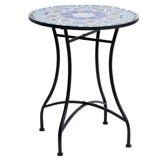 Photo of Outsunny Outdoor Mosaic Round Garden Table, Patio Bistro Coffee Side Table with 60cm Ceramic Top for Garden, Blue and White in White colour on a white background