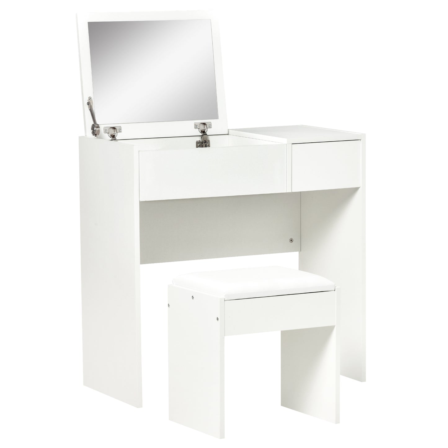 Photo of HOMCOM Makeup Desk with Drawer, Vanity Table Set with Flip-up Mirror and Cushioned Stool, White in White colour on a white background