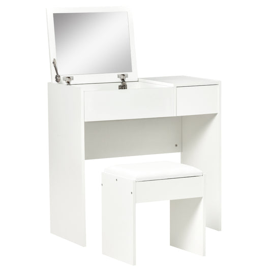 Photo of HOMCOM Makeup Desk with Drawer, Vanity Table Set with Flip-up Mirror and Cushioned Stool, White in White colour on a white background