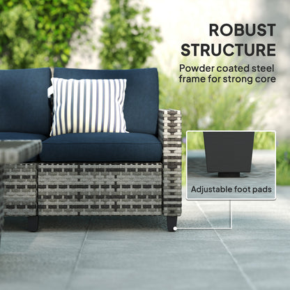 Rattan sofa with navy cushions, powder-coated steel frame and adjustable foot pads
