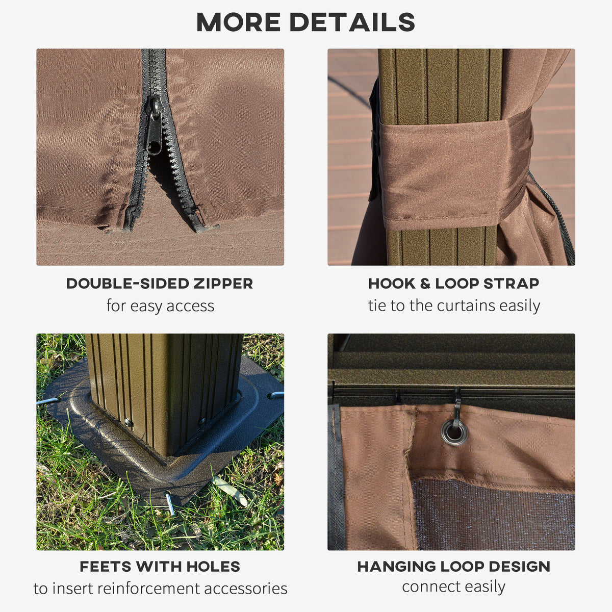 Outsunny gazebo curtain details showing zipper, tie strap, hanging loop and base plate