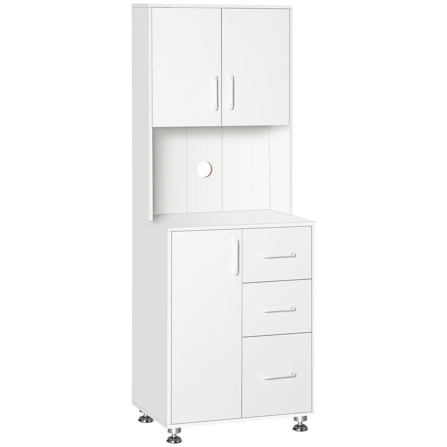 Photo of HOMCOM Modern Kitchen Cupboard with Storage Cabinets, 3 Drawers and Open Countertop for Living Room, White in White colour on a white background