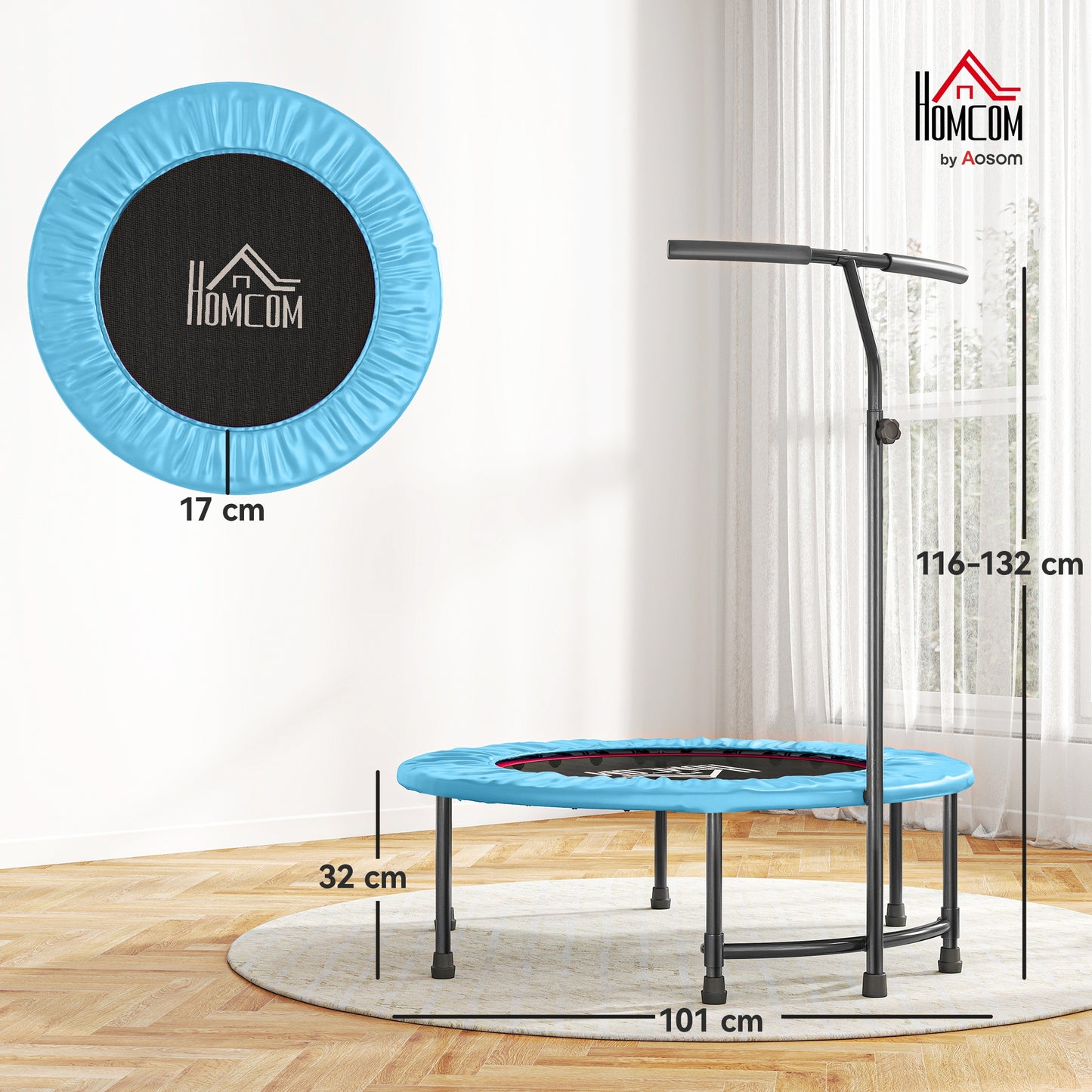 HOMCOM 40" Fitness Trampoline with Adjustable Handle, Rebounder Trampoline, Mini Jumper for Indoor Exercise Workout, Blue