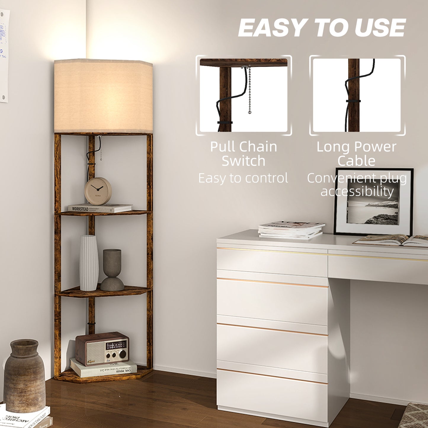 HOMCOM Corner Floor Lamp with Shelves, Tall Standing Lamps for Living Room, with Pull Chain Switch Bulb not Included, Rustic Brown