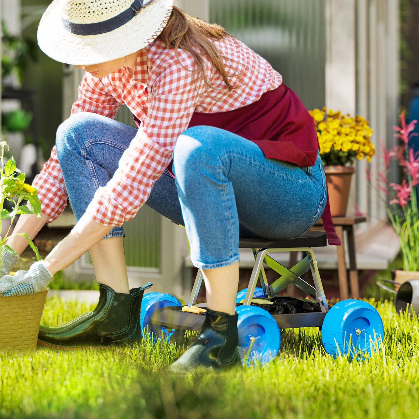 Outsunny Garden Storage Cart, with Top Seat - Blue