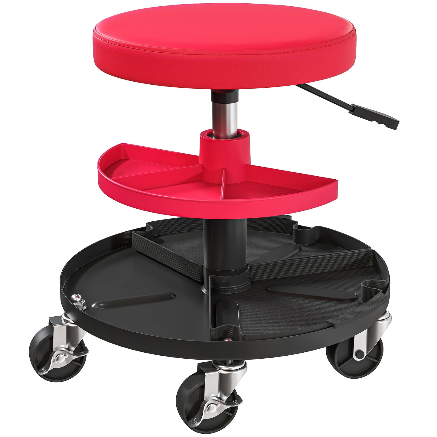 Photo of HOMCOM Rolling Mechanic Stool, 135kg Capacity Workshop Stool, 360° Swivel Roller Padded Creeper Seat with Wheels, Tool Trays Storage for Garage, Shop, Auto Repair, Red in Red colour on a white background