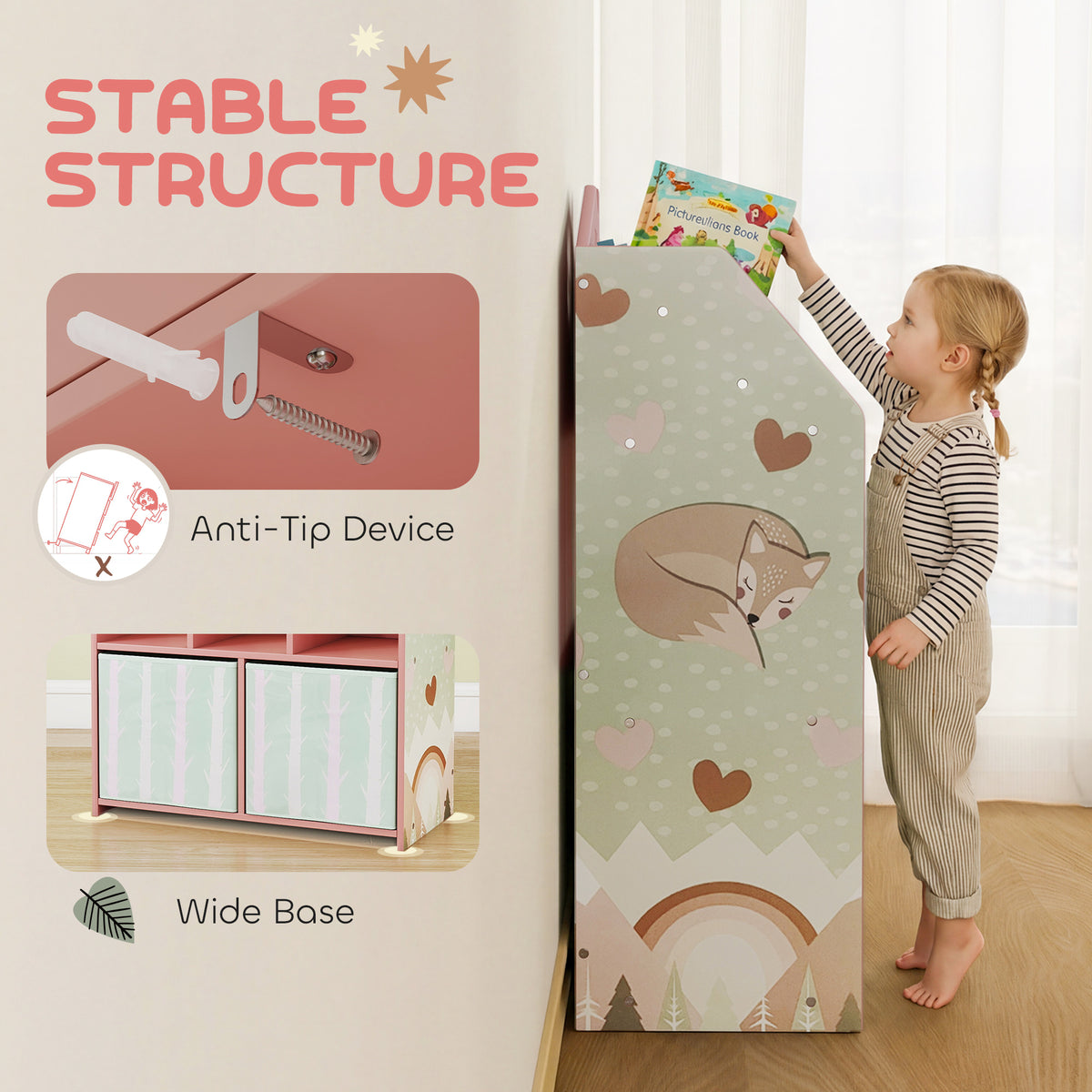 AIYAPLAY Kids Bookshelf with Storage, Toy Storage Unit with Book Display, Shelves and Fabric Drawers for Playroom Nursery, Pink