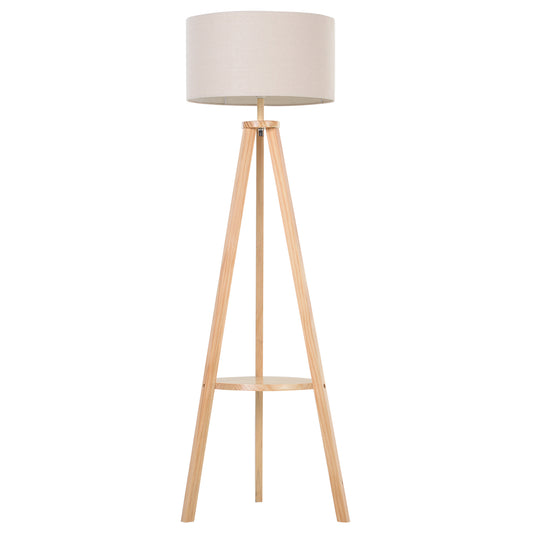 Photo of HOMCOM Tripod Floor Lamp, Freestanding Bedside Light Reading Light with Storage Shelf and Linen Shade for Living Room Bedroom, 154cm, Cream in Cream colour on a white background